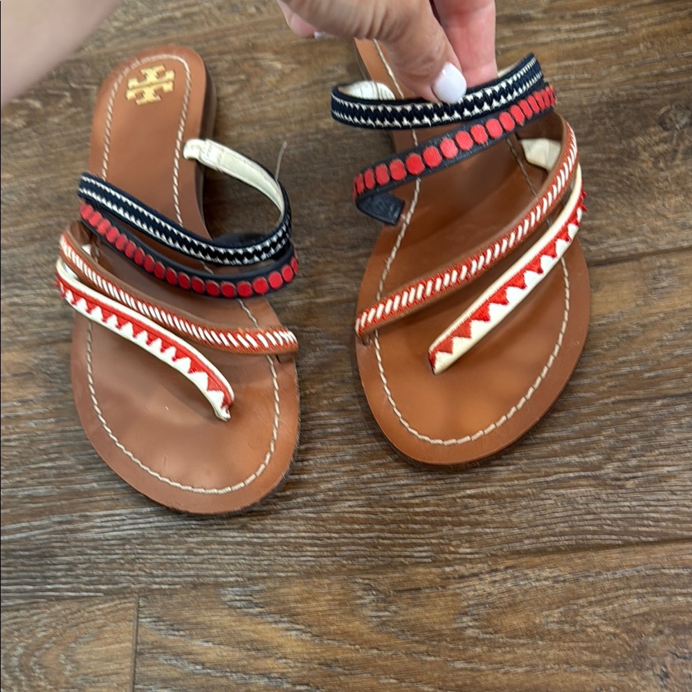 Tory Burch Brown Leather Slide Sandals with Red, Navy & White Straps